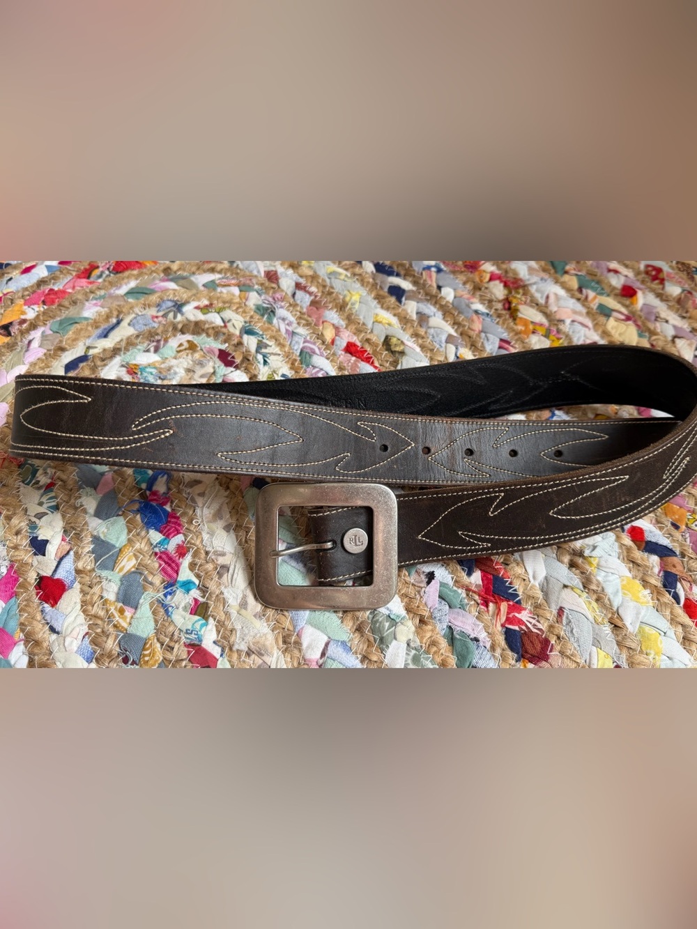 Ralph Lauren Dark Brown Leather Belt with Contrast Stitching with Silver Buckle.